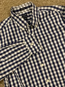 J Crew Factory Shirt Mens Med Blue Gingham Check Performance Slim Untucked BE151 - Picture 1 of 8