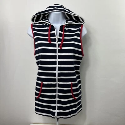 Christopher & Banks Vest Petite PS Blue Striped Full Zip Hooded Jersey Stretch - Image 1 of 4