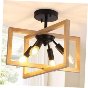 Semi Flush Mount Ceiling Light - 14.6" Modern Light Natural Wood & Black - Picture 1 of 7