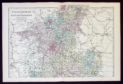 WORCESTERSHIRE, GLOUCESTERSHIRE original antique county map, 2 sheets Bacon 1890 - Image 1 of 4