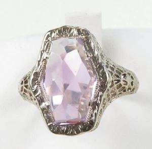 Antique 1920's Amethyst 13K White Gold Filigree Ring Size 7.25 UK-O 3CT+ Deco - Picture 1 of 16