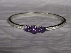 Bangle Bracelet 14k White Gold Finish 3 Ct Simulated Purple Amethyst / Diamond - Picture 1 of 8