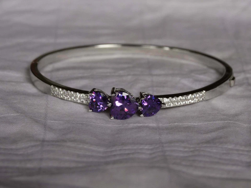 Pulseira pulseira ouro branco 14k acabamento 3 quilates simulado roxo ametista/diamante - Imagem 1 de 4