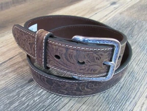 Mens Thick Brown Stitched Embossed Floral Leather Belt 1.5" Wide Fits 34-36" - Picture 1 of 8