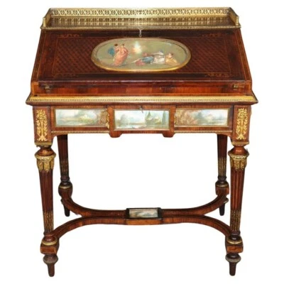 Sevres Placas Inserto Bronce Montado Parquet Nogal Escritorio Secretaria Francesa Foto 1 de 4