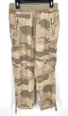 Marrakech Mujer Talla 27/M Camuflaje 100% Lino Tostado Bolsillos Carga Pantalón Cordón Foto 1 de 4
