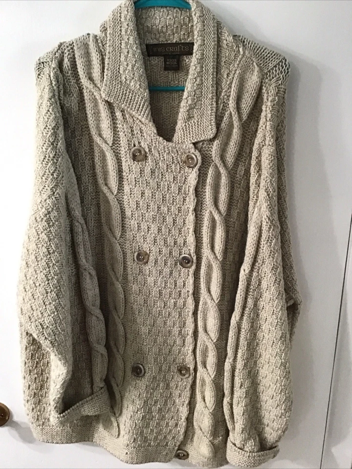 VINTAGE MADE IN IRELAND CABLE KNIT DOUBLE BREASTED. SLOUCHY SZ L CARDIGAN - Image 1 of 4