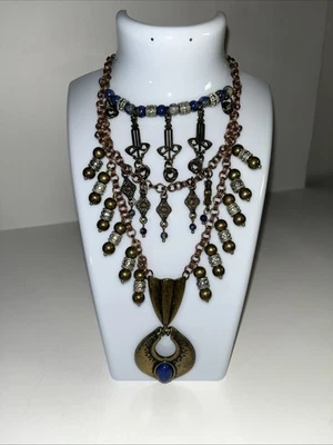 Collar Free People Boho Antiguo Colgante Oro Lapislázuli Azul Cobre Firmado Artístico 12 Foto 1 de 4