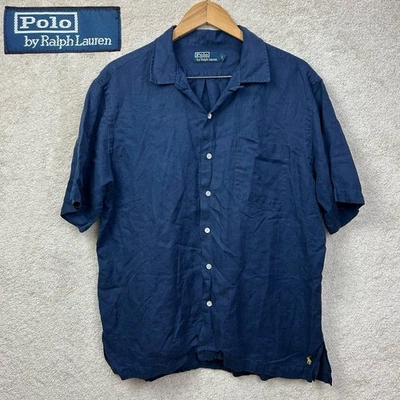 Vintage Ralph Lauren Silk Linen Navy Camp Loop Collar Pocket Caldwell Shirt L - Image 1 of 4