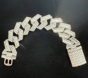 Iced Out 25mm 8” VVS1 Moissanite Silver Baguette Cuban Link Men Bracelet Hip Hop - Picture 1 of 5