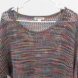 Women's Open Knit Rainbow Crochet Top Size S Dolman Sleeve John P Richard Blouse - Picture 1 of 9