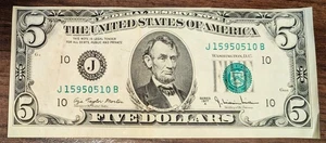 Off Center Misprint 1977 A $5 USA Five Dollars Federal Reserve Note PET RESCUE - Picture 1 of 2