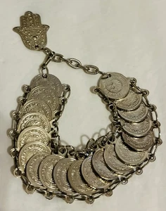 Vintage Coin Bracelet Hamsa Hand Charm Silver Tone Coin Bracelet - Picture 1 of 4