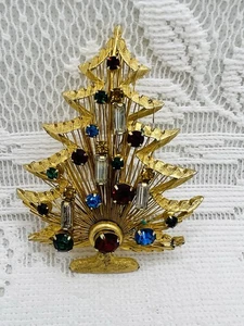 Vintage Brooks Harp Multi-Colored Rhinestone Christmas Candle Tree Pin Brooch - Picture 1 of 7