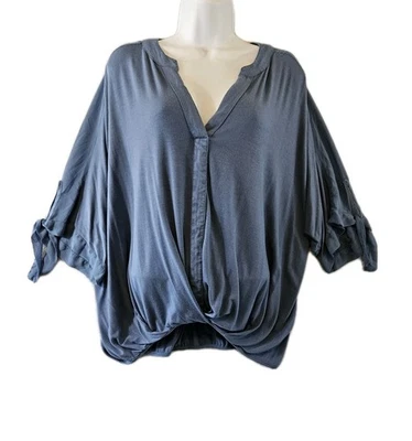 Seven Blouse Womens Large Dusty Blue V-Neck Dolman Sleeve Surplice Cropped Sheer - Image 1 of 4