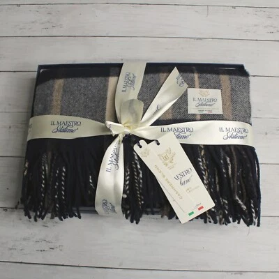 IL Maestro Cashmere Wool Plaid Throw Blanket Made in Italy Navy Blue Beige - Image 1 of 4