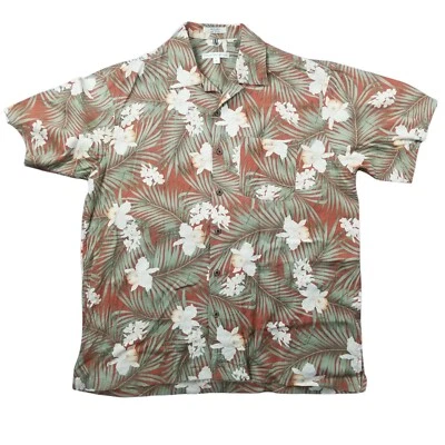 Camisa Hawaiana Geoffrey Beene Para Hombres L Tropical Floral Naranja Abotonada 100% Seda Foto 1 de 4
