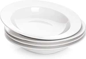Soup and Pasta Bowls Set of 4, White Porcelain Wide Rim Salad Plates, 20 Ounces, - Picture 1 of 9