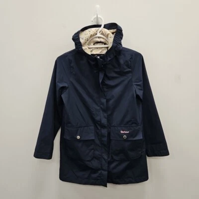 Barbour Girls Showerproof Navy Rain Country Hooded Floral Jacket Coat Medium - Image 1 of 4