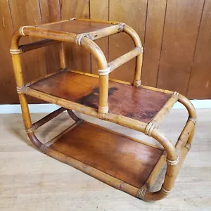 Vintage Mid-Century Chippendale 3-Tiered Bent Bamboo/Rattan Side Table w/Teak - Picture 1 of 16