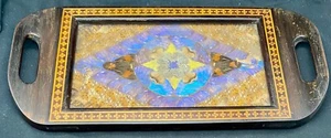 LOVELY BUTTERFLY WINGS IRIDESCENT BIG TRAY 15", GLASS & NATIVE WOOD, c1950 vg - Picture 1 of 6