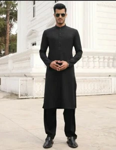 Men Kurta Shalwar Kameez Eid Pakistani Indian Dress 2024 Style Black - Picture 1 of 5