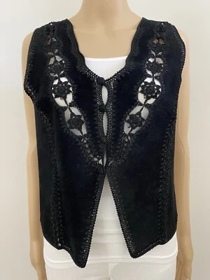 S-M / 10-12 Black Genuine Suede Leather Hand Crochet Vest Sleeveless Jacket - Image 1 of 4