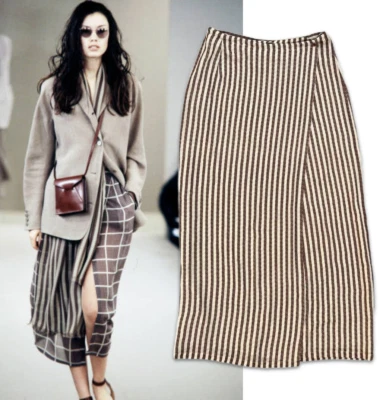 Maxi Falda Vintage Archivo Colección Calvin Klein Primavera 1993 Marrón Rayas Envolvente Foto 1 de 4
