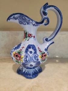 Vintage Ceramic Coffee Water Juice Pitcher Vase Hand Painted Portugal Blue  - Picture 1 of 7