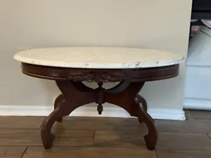 Victorian Mahogany Carved Oval Marble Top Coffee Table   - Picture 1 of 3