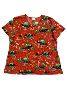 Womens Red Rudolph Christmas Medical Scrubs Shirt Top - Picture 1 of 1