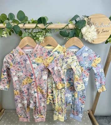 TU Baby Girls Set Of 3 Preloved Floral Footless Zip Up Sleepsuits 0-3 Months - Image 1 of 2
