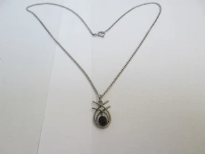 SILVER COLOURED CHAIN NECKLACE AND PENDANT WITH A BLACK COLOURED STONE - Picture 1 of 3