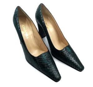 Authentic Pre-owned NEW Retro CHANEL Teal Reptile 4" High Heel Pumps, Size 39 - Picture 1 of 11