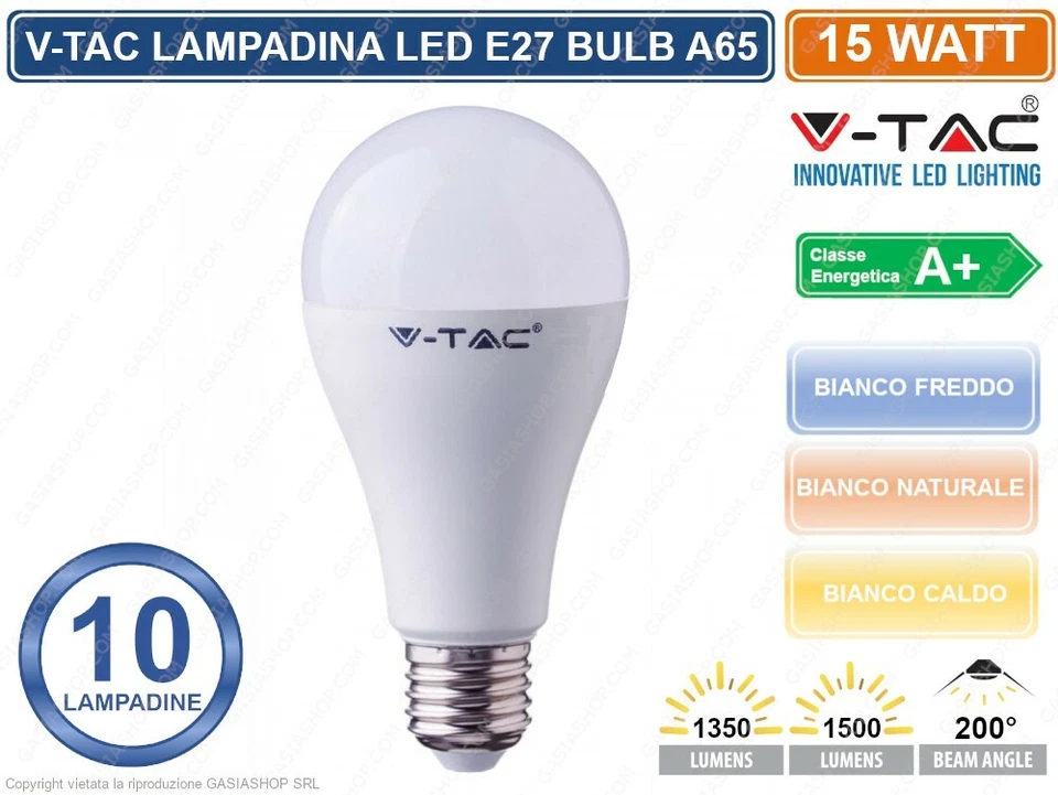 KIT10 LAMPADINE LED V-TAC VT-2015 E27 BULBO 15 WATT A65 KIT 10 LAMPADINA LAMPADA - Immagine 1 di 1