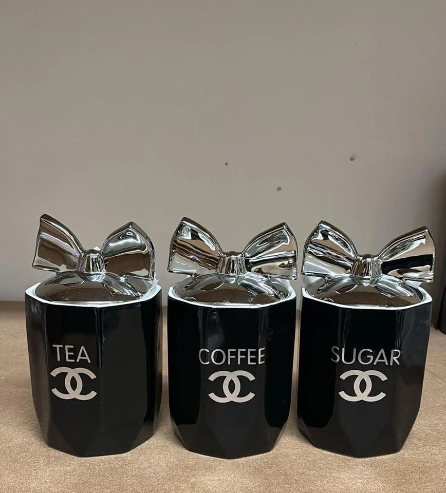 Tea Coffee Sugar Jar Black Chrome Bow Storage Set Ceramic Air Tight Canisters - Image 1 of 1