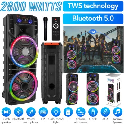 Dual 12'' Portable Bluetooth FM Speaker Subwoofer Heavy Bass Sound Karaoke W/Mic - Image 1 of 4