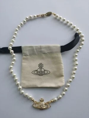 Vivienne Westwood Style Mini Bas Relief Pearl Choker Gold Crystal Orb Necklace - Image 1 of 3