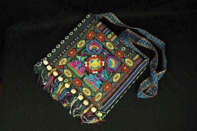 Silk Embroidered Handbag Blue Multi, Long Strap,Zip,Lined Handmade Ethnic Bag UK - Image 1 of 4