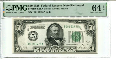 Fr 2100-E 1928 $50 Federal Reserve PMG 64 EPQ CHOICE UNCIRCULATED - Image 1 of 2