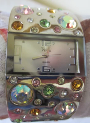 Vivani Women's Hinged Cuff Watch Silver Tone W Bling Colored Rhinestones Quartz - Image 1 of 4