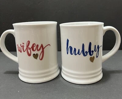 Hubby & Wifey Coffee Mugs Gold Hearts Fringe Studio White 12oz EUC Pair - Image 1 of 4