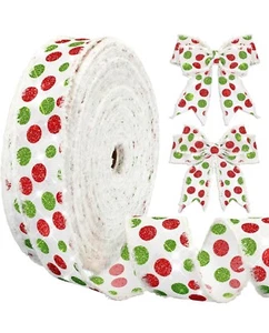 Weihnachten Drahtkante Band 2,5" breit 100 Yards Rolle weiß mit rot grün gepunktet - Bild 1 von 3