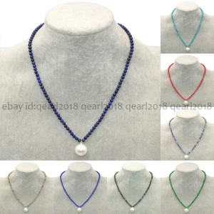 4mm Natural Assorted Gemstone 14mm Round White Shell Pearl Pendant Necklace 18'' - Picture 1 of 198