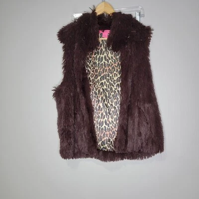 Betsey Johnson 毛茸茸人造毛皮大号棕色背心口袋衬里柔软轻便 — 第 1/4 张图片