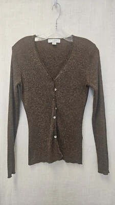 Casual Corner Silk Blend Metallic Ribbed Vneck Cardigan Sweater Women Sz Medium - Image 1 of 4