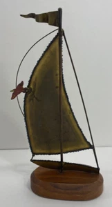 Vtg John DeMott Metal Brass Sailboat Sculpture Wooden Base Decor 9.25" - Picture 1 of 7