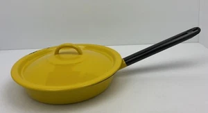 Vintage Made in Poland Enamel Cookware Frying Pan #24 with Lid Yellow 10" - Picture 1 of 7