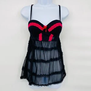 Black Fuschia by Secret Lace Pink Mesh Babydoll Nightie Size M Fringe Goth Mod - Picture 1 of 6