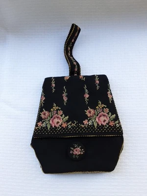 1940's Tambour Embroidered Floral Black Silk Purse  - Image 1 of 4